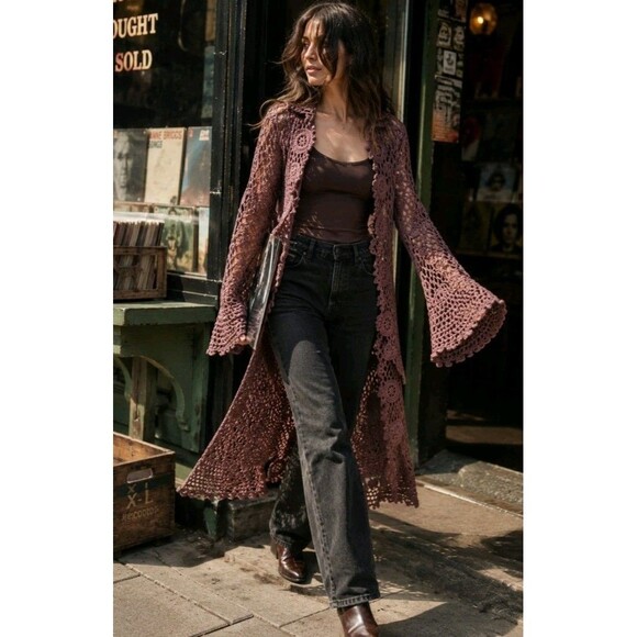 dELiA*s Sweaters - Delia’s Dolls Kill Crochet Duster Cardigan Mauve Brown S Cotton Bell Sleeve Y2K
